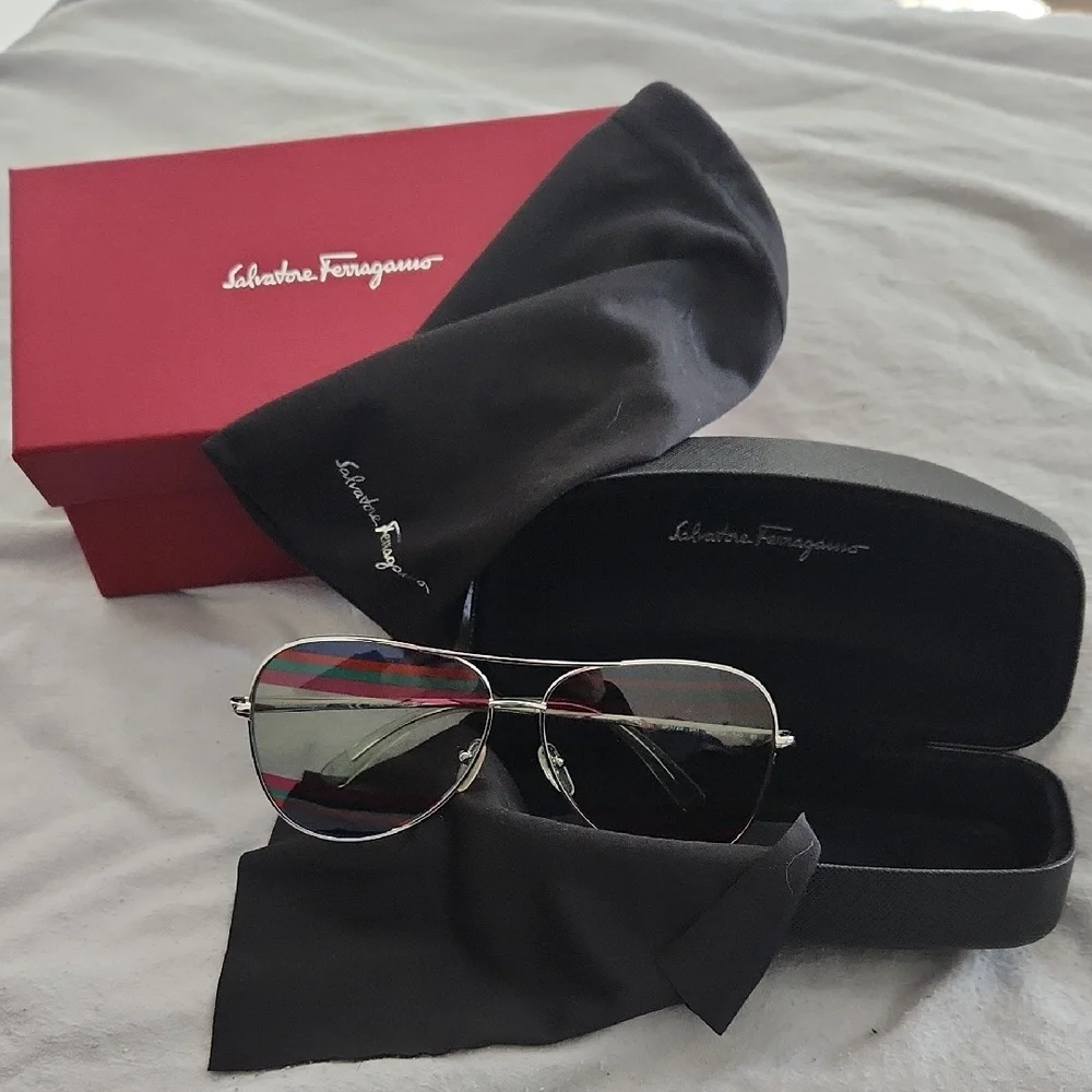 Salvatore Ferragamo Rainbow Silver/Mint Aviator Sunglasses AUTH - Picture 1 of 11